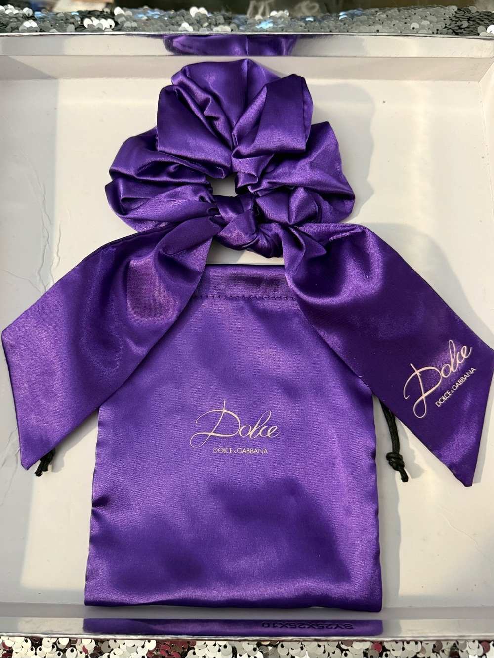 Dolce & Gabbana Purple Satin Bow Scrunchie with Logo Bag